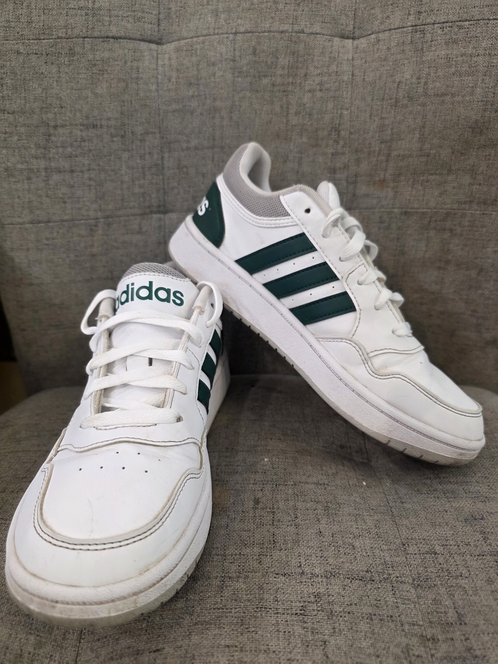 white and collegiate green adidas Hoops 3.0 low-top